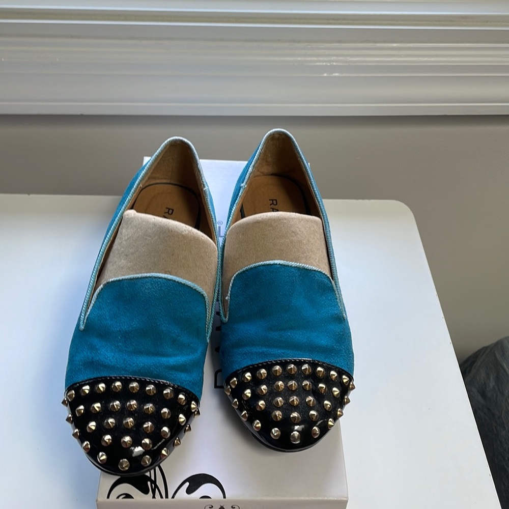 Rampage Blue Teal Gold Stud Suede Loafer Flat